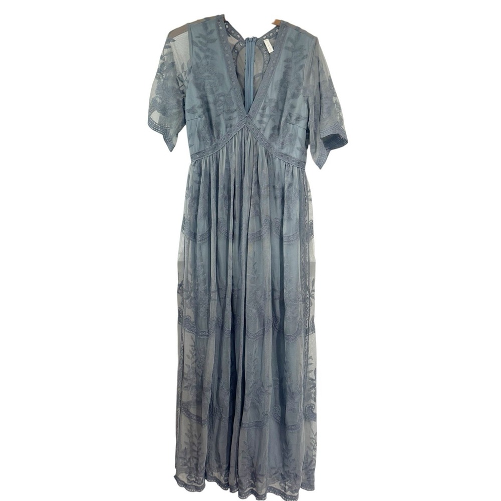 PinkBlush Women Medium Blue Lace Mesh Overlay Maxi Dress Boho Fairy Feminine